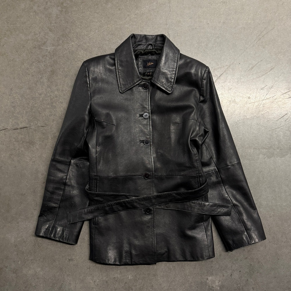 Xtrem Womens Black Leather Belted Button Front Jacket Size XL Coat